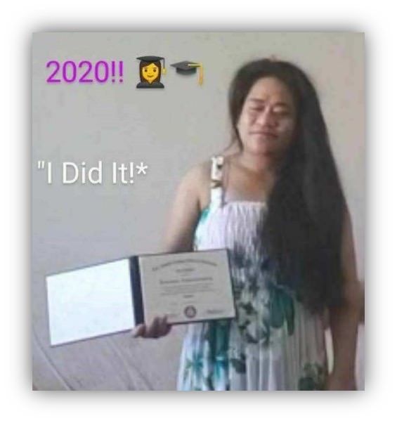 Text: 2020!! Graduation Emojis, I DID IT. Image: Jemiah holds a diploma and smiles. Text: 2020!! Graduation Emojis, I DID IT. Image: Jemiah holds a diploma and smiles.